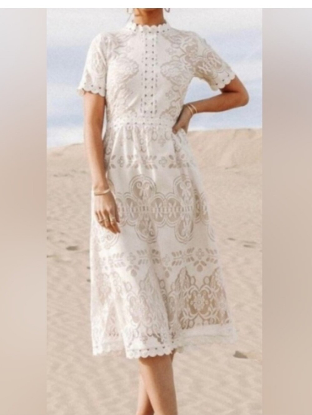 Bohme Ivory Lace Midi Dress with Scalloped Trim